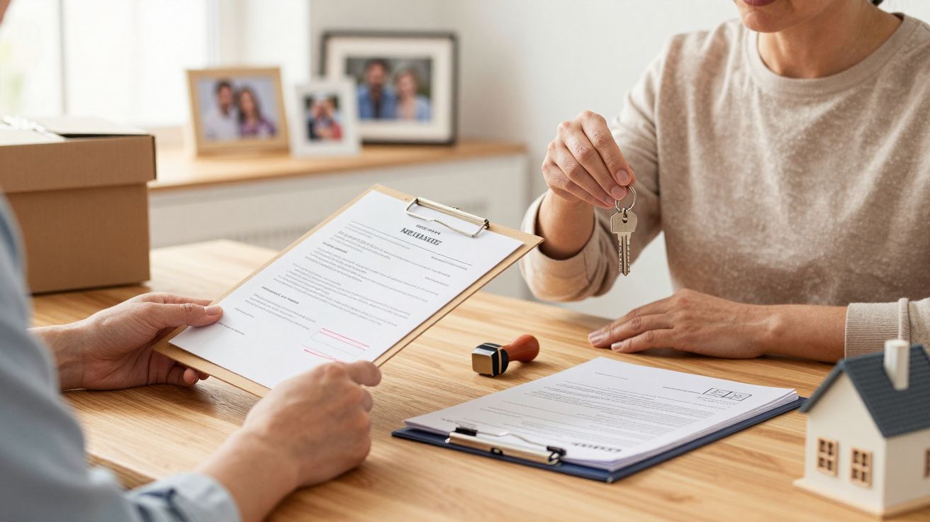 Pessoa a entregar chaves enquanto outra segura um contrato numa mesa com maquete de casa e carimbo.