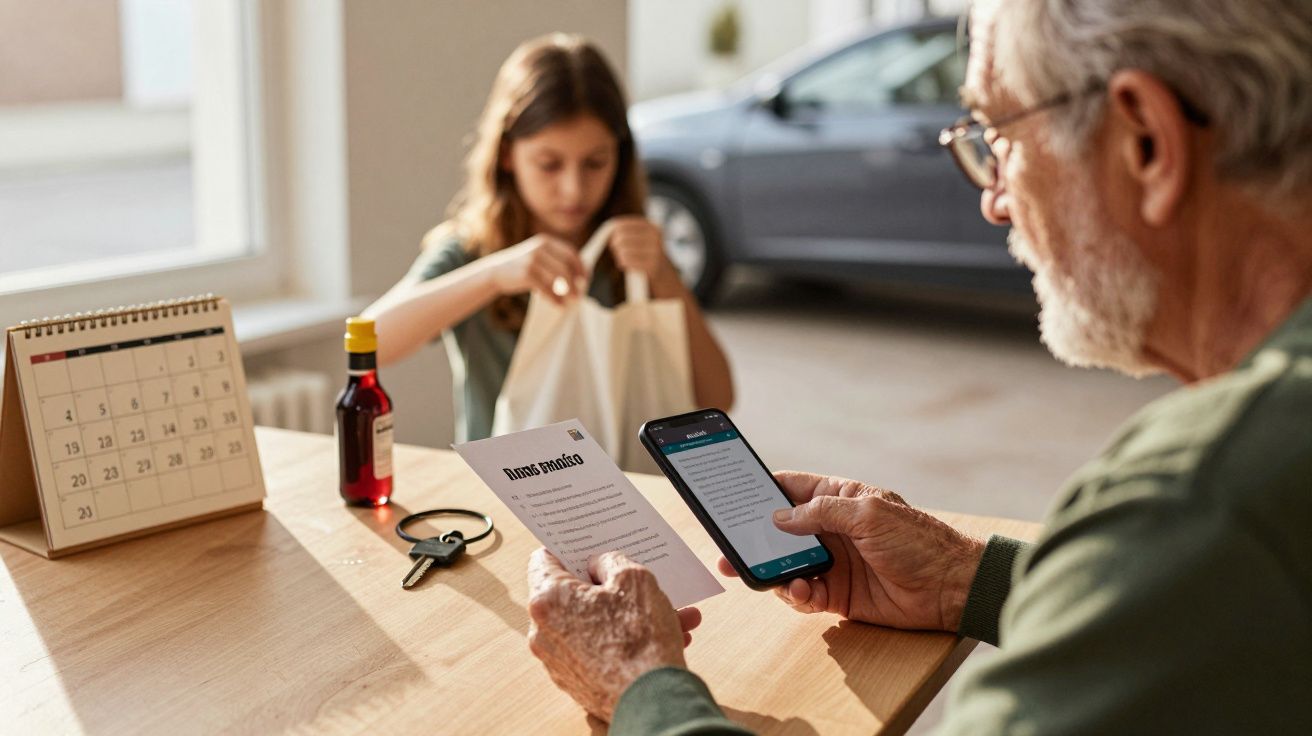 Homem idoso lê receita médica no telemóvel enquanto criança embala compras, com calendário e frasco na mesa.