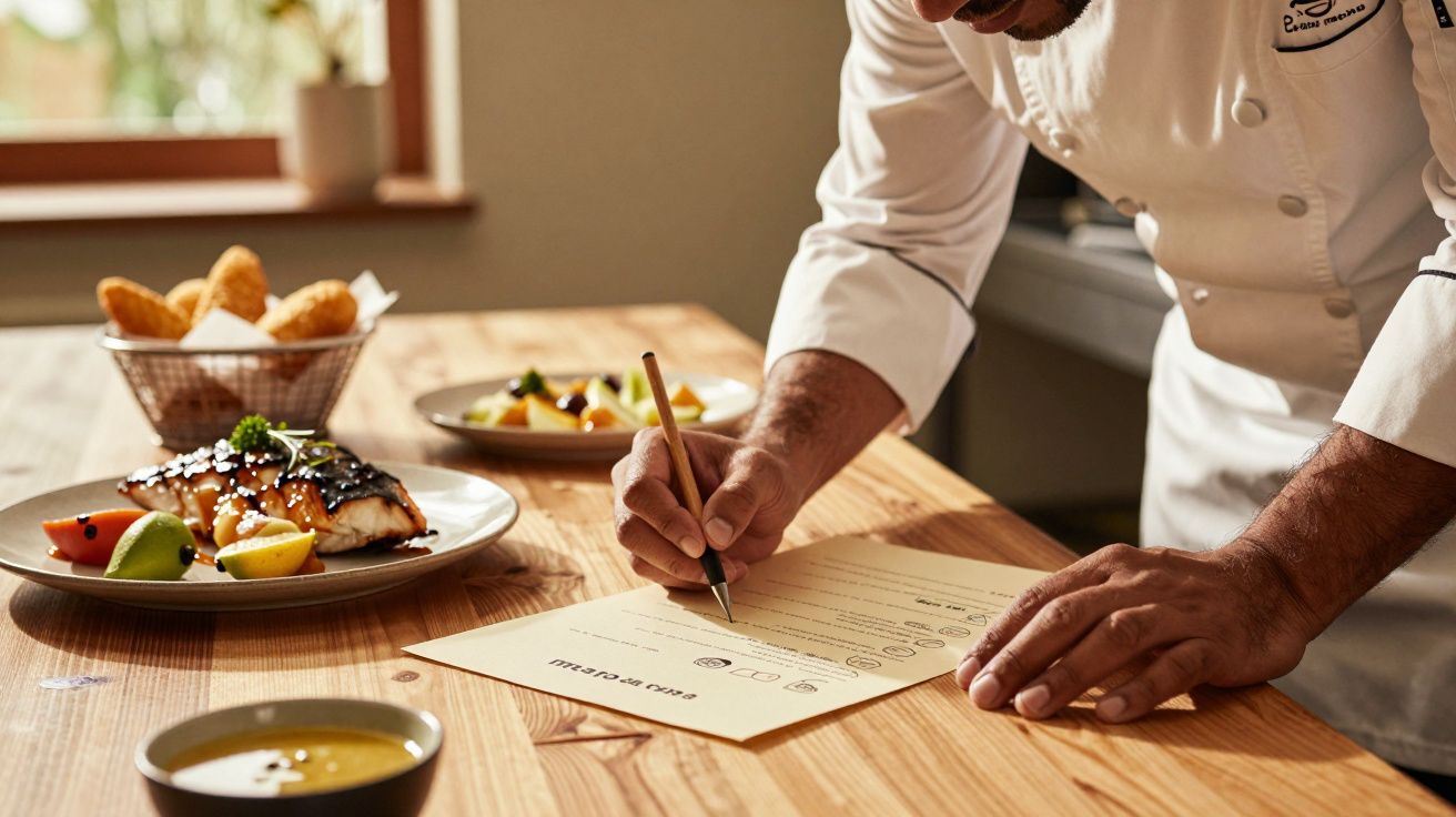 Chef a escrever num menu, com pratos de comida em cima de uma mesa de madeira numa cozinha iluminada.