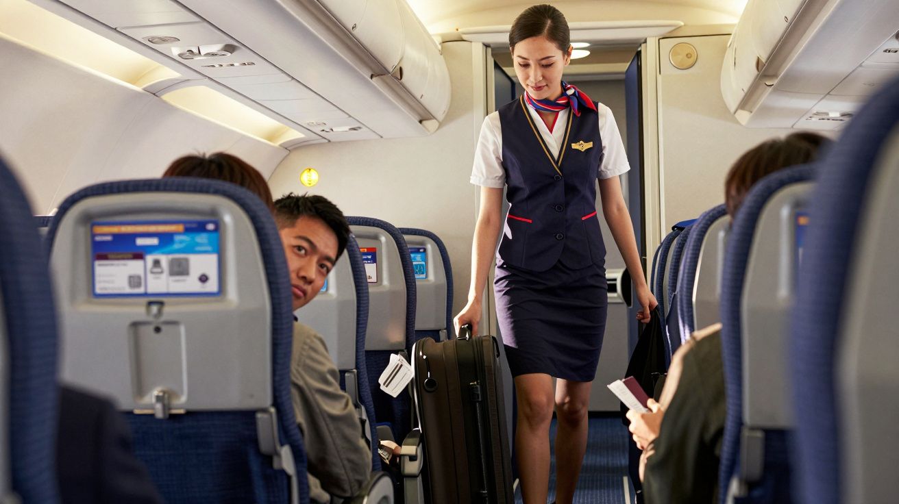 Assistente de bordo caminha pelo corredor do avião, carregando uma mala enquanto passageiros estão sentados.