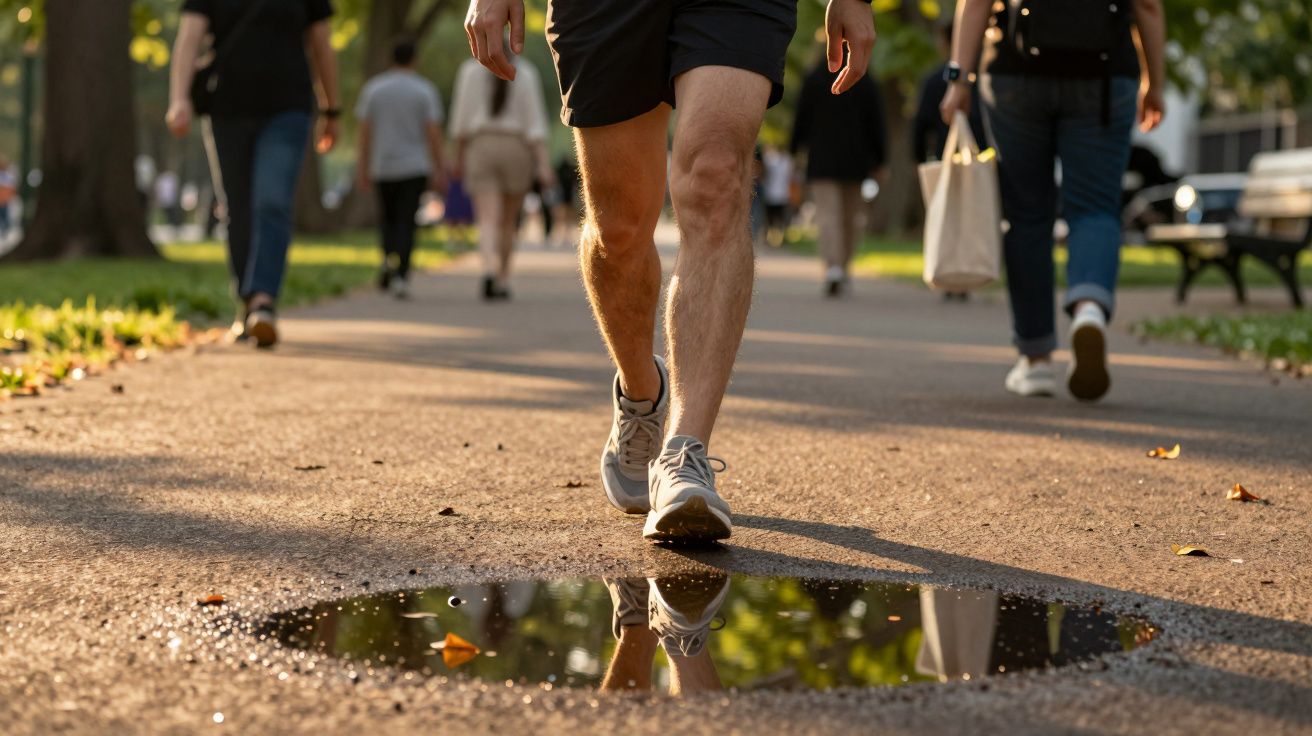 Pessoa a caminhar num passeio com poça de água, rodeada de outras pessoas e árvores ao fundo.
