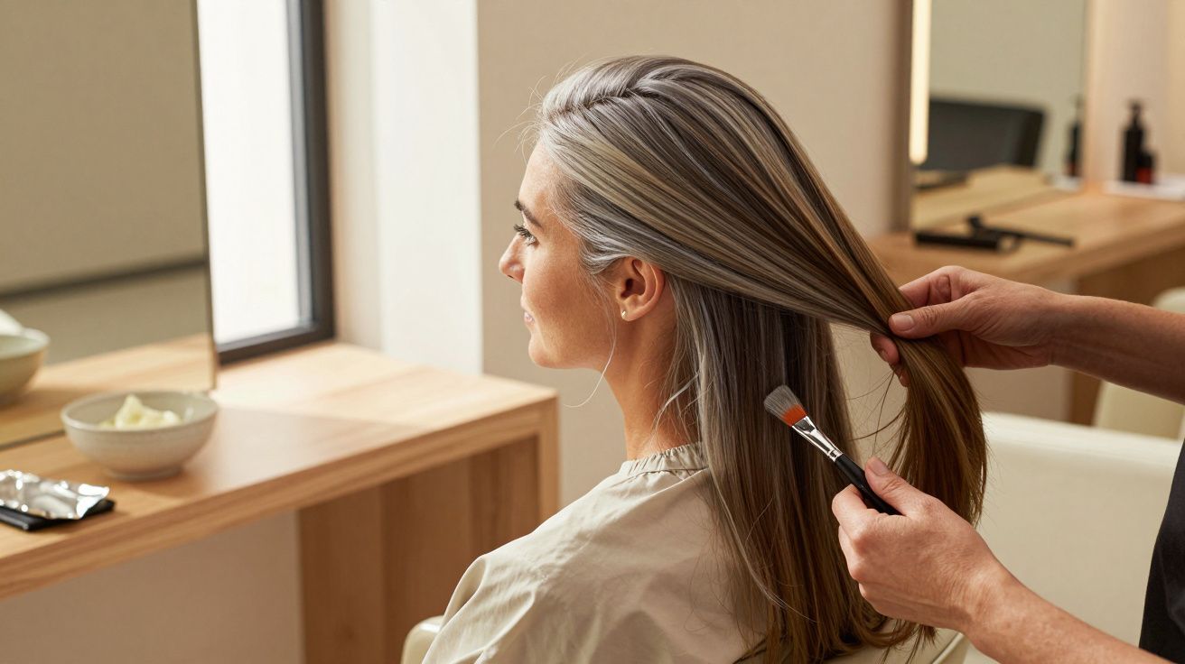 Mulher com cabelo comprido grisalho a ser pintado por um cabeleireiro num salão iluminado por luz natural.