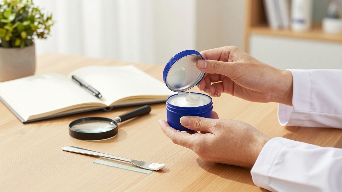 Mãos segurando pote azul de creme aberto sobre uma mesa com lupa, caderno e espátula ao lado.