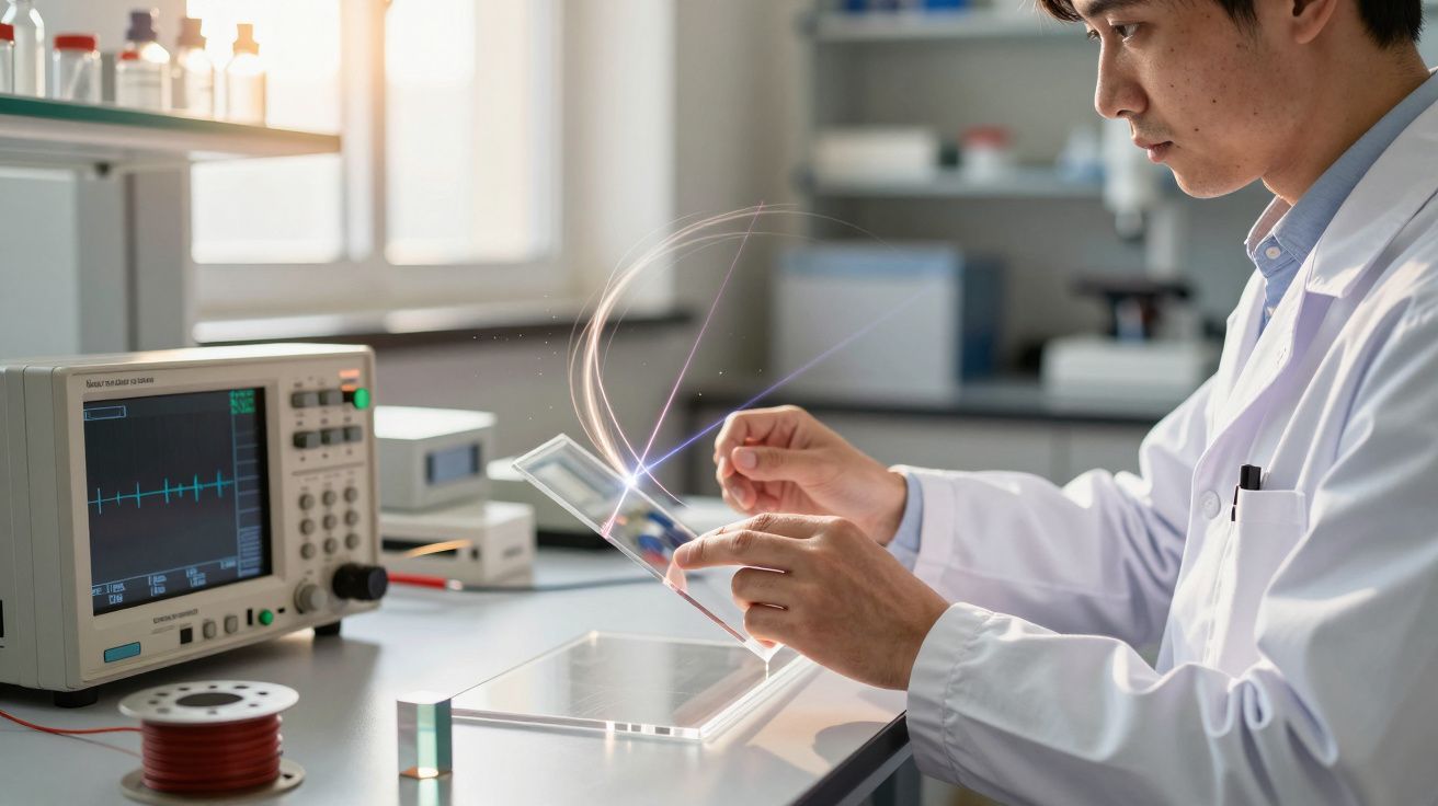 Cientista num laboratório a usar um tablet transparente com equipamento eletrónico ao fundo.