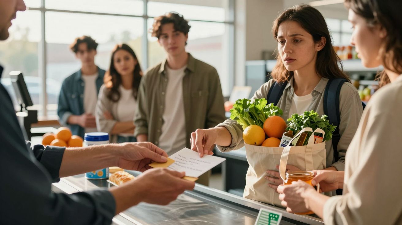 Mulher com saco de compras e lista na mão numa fila de supermercado, entregando um papel a um funcionário.