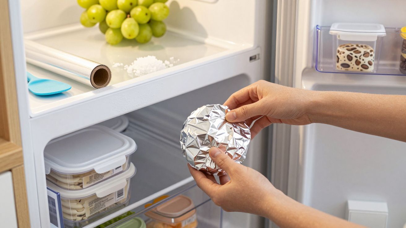 Pessoa guarda alimento embrulhado em folha de alumínio no frigorífico com uvas e recipientes transparentes.