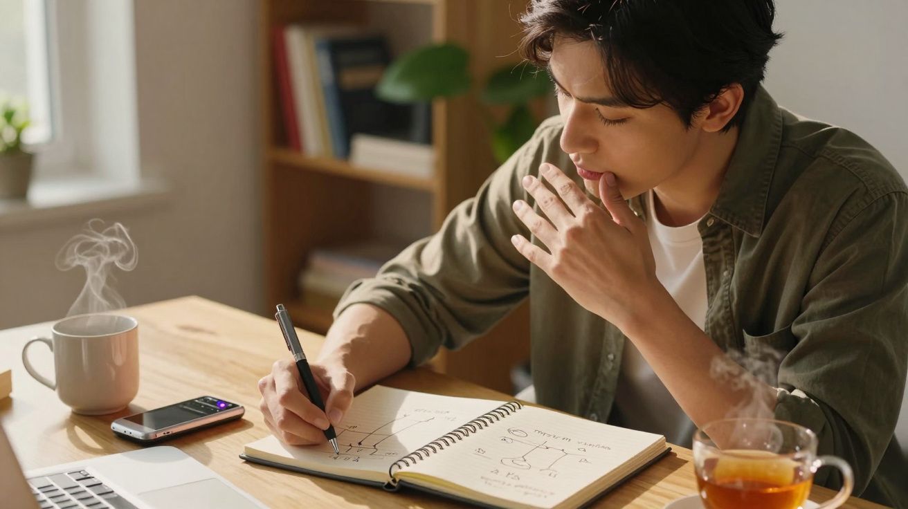 Homem escrevendo em caderno numa mesa com chá, café e telemóvel, ao lado de uma janela iluminada.