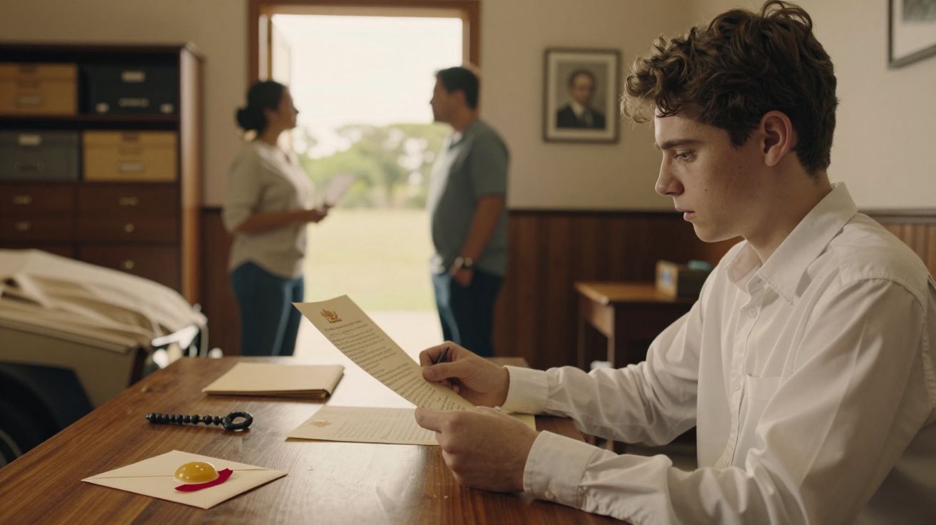 Jovem sentado à secretária lê carta; duas pessoas conversam ao fundo numa sala iluminada.