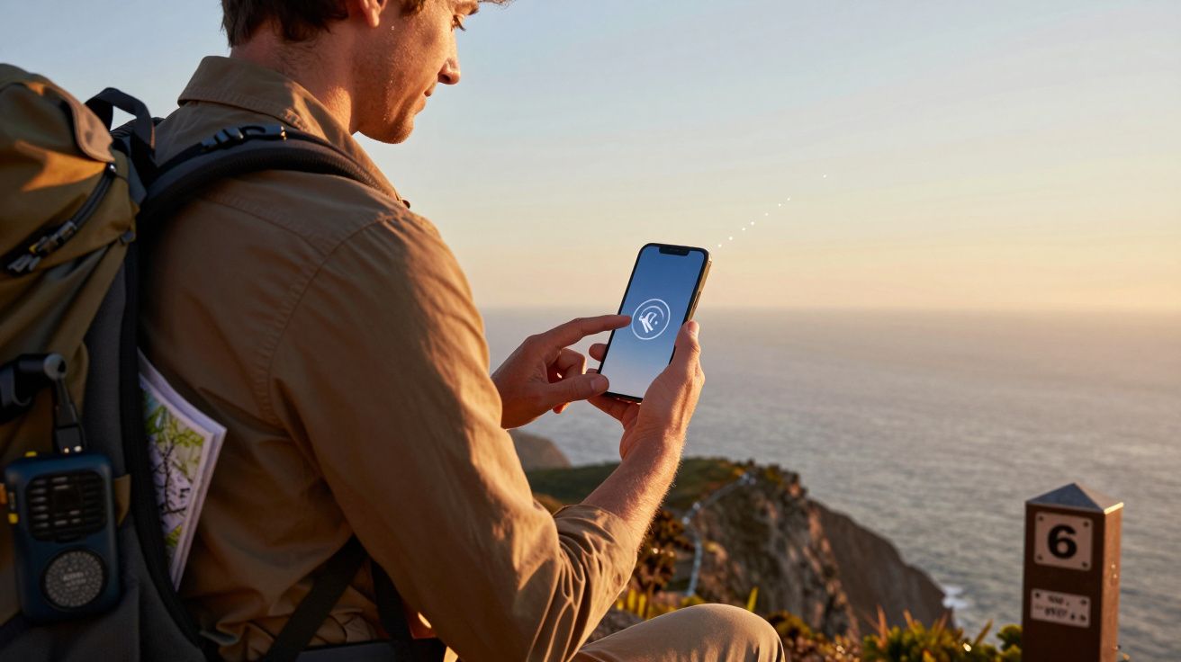Homem com mochila usa smartphone num penhasco à beira-mar ao pôr do sol.
