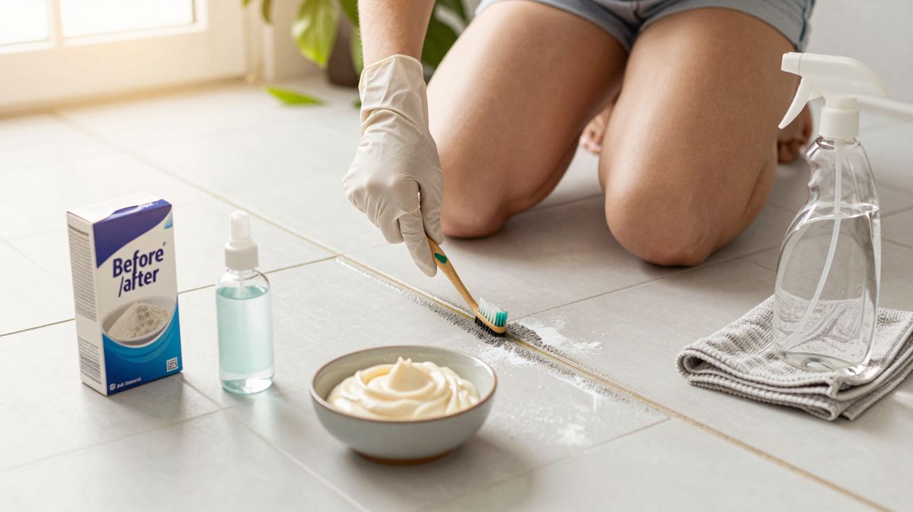 Pessoa limpando as juntas dos azulejos com uma escova e produtos de limpeza, incluindo pó e spray, usando luvas.