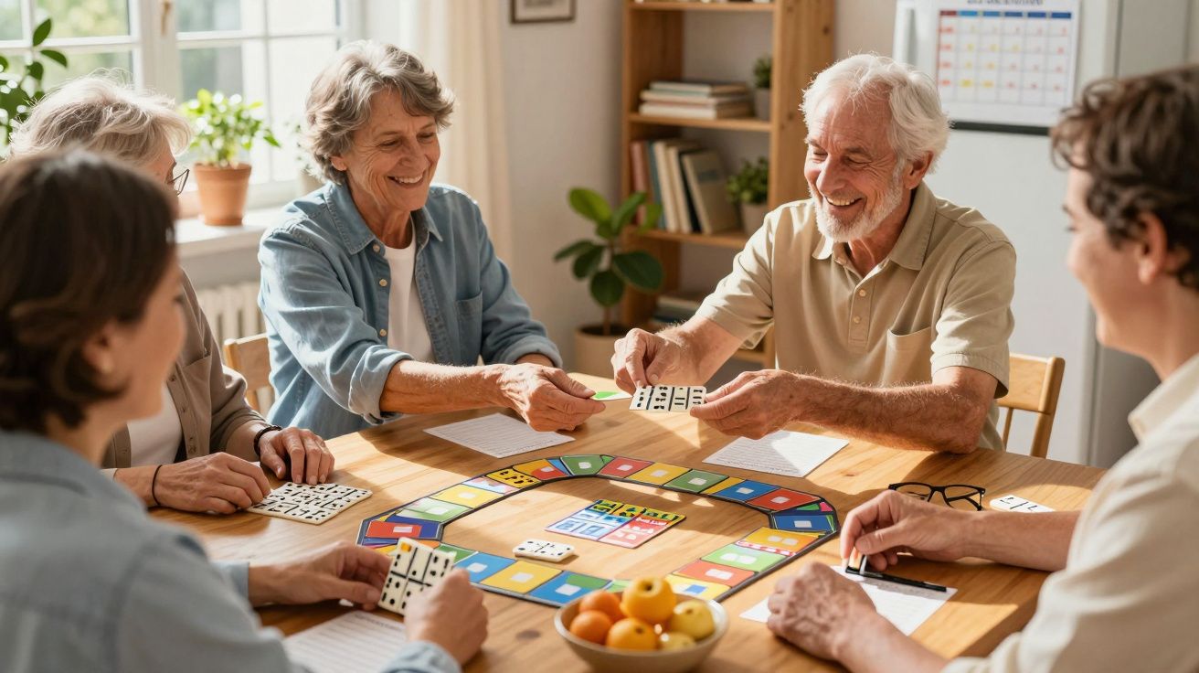 Grupo de idosos a jogar dominó numa mesa bem iluminada, sorrindo e interagindo alegremente.