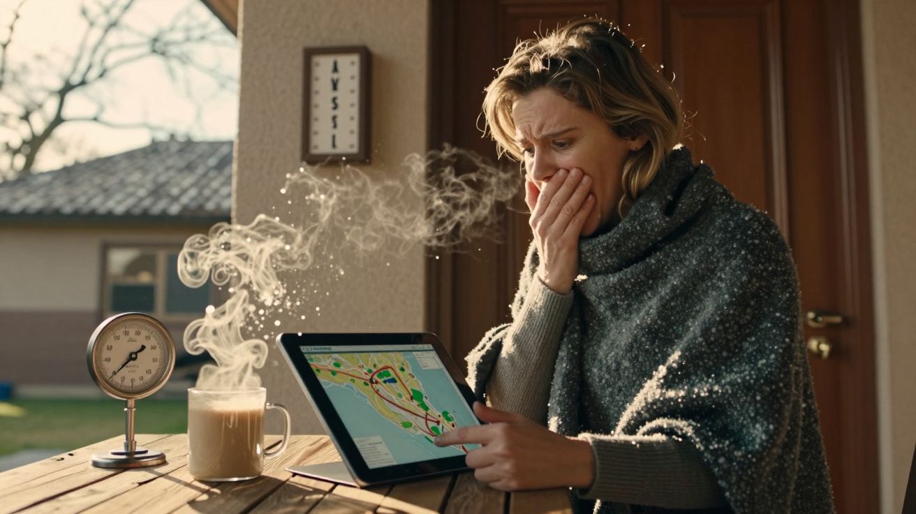 Mulher preocupada olhar para tablet, sentado na varanda. Steam de bebida quente ao lado em manhã ensolarada.