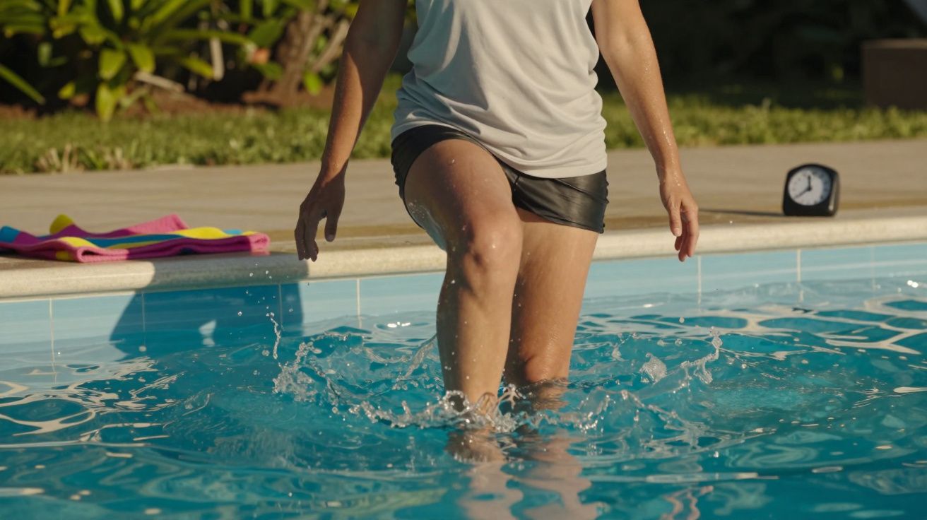 Pessoa a caminhar numa piscina, com água a salpicar. Toalha colorida e cronómetro na margem ao fundo.