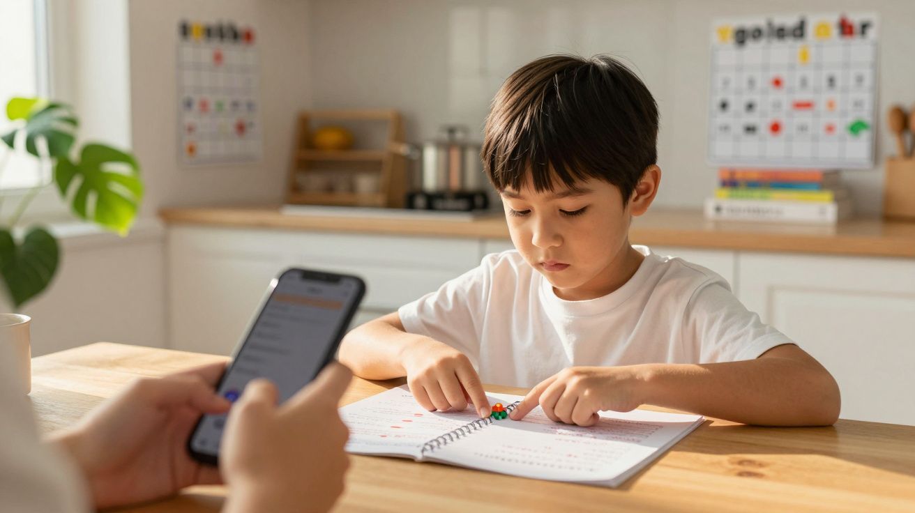 Menino a fazer trabalhos de casa à mesa, enquanto uma pessoa ao lado usa um telemóvel.