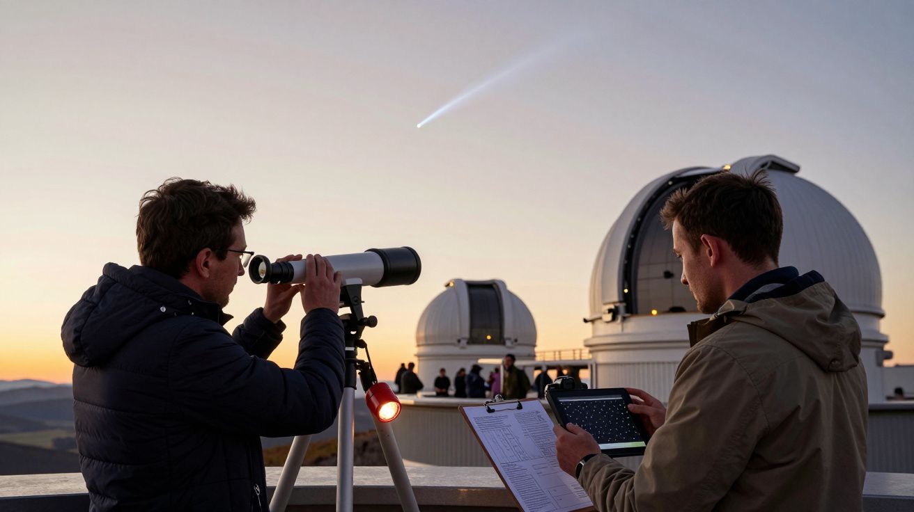 Dois homens observam um cometa através de um telescópio ao pôr do sol em um observatório.