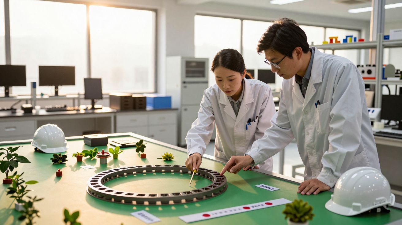 Duas pessoas de bata branca analisam plantas e um modelo circular numa mesa de laboratório iluminado pelo sol.