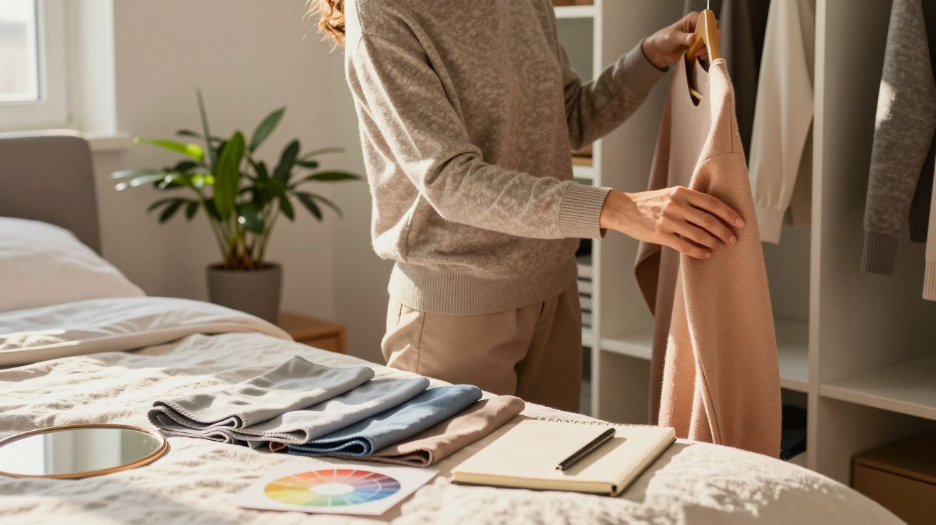 Pessoa a escolher roupa num quarto iluminado, com tecido e bloco de notas sobre a cama.