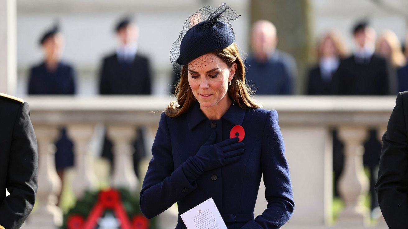 Mulher vestida de azul escuro com chapéu e luva, segura um papel e tem um broche vermelho no casaco, em evento formal.
