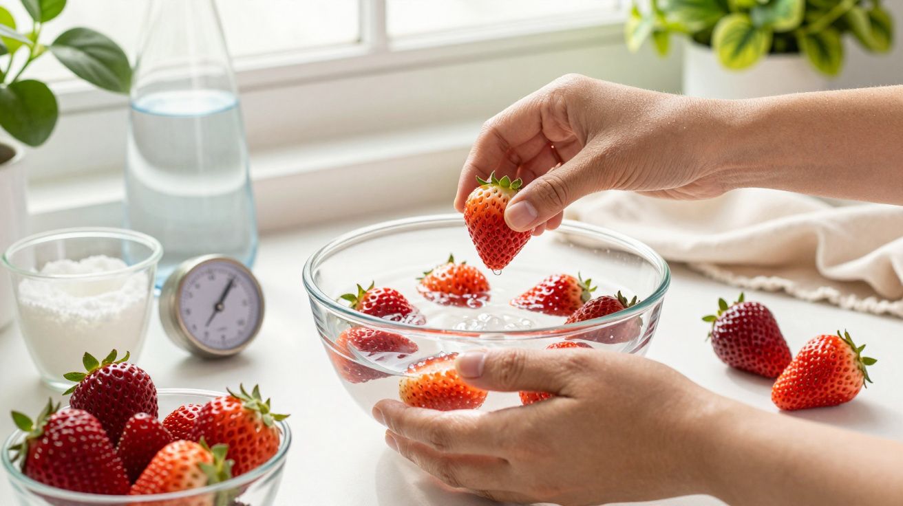 Mãos a lavar morangos numa taça de vidro com água, rodeada por morangos e utensílios numa cozinha iluminada.
