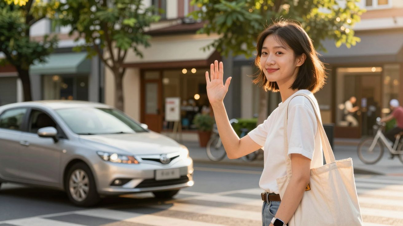Mulher a sorrir e acenar numa passadeira, com uma bolsa no ombro e um carro ao fundo numa rua arborizada.