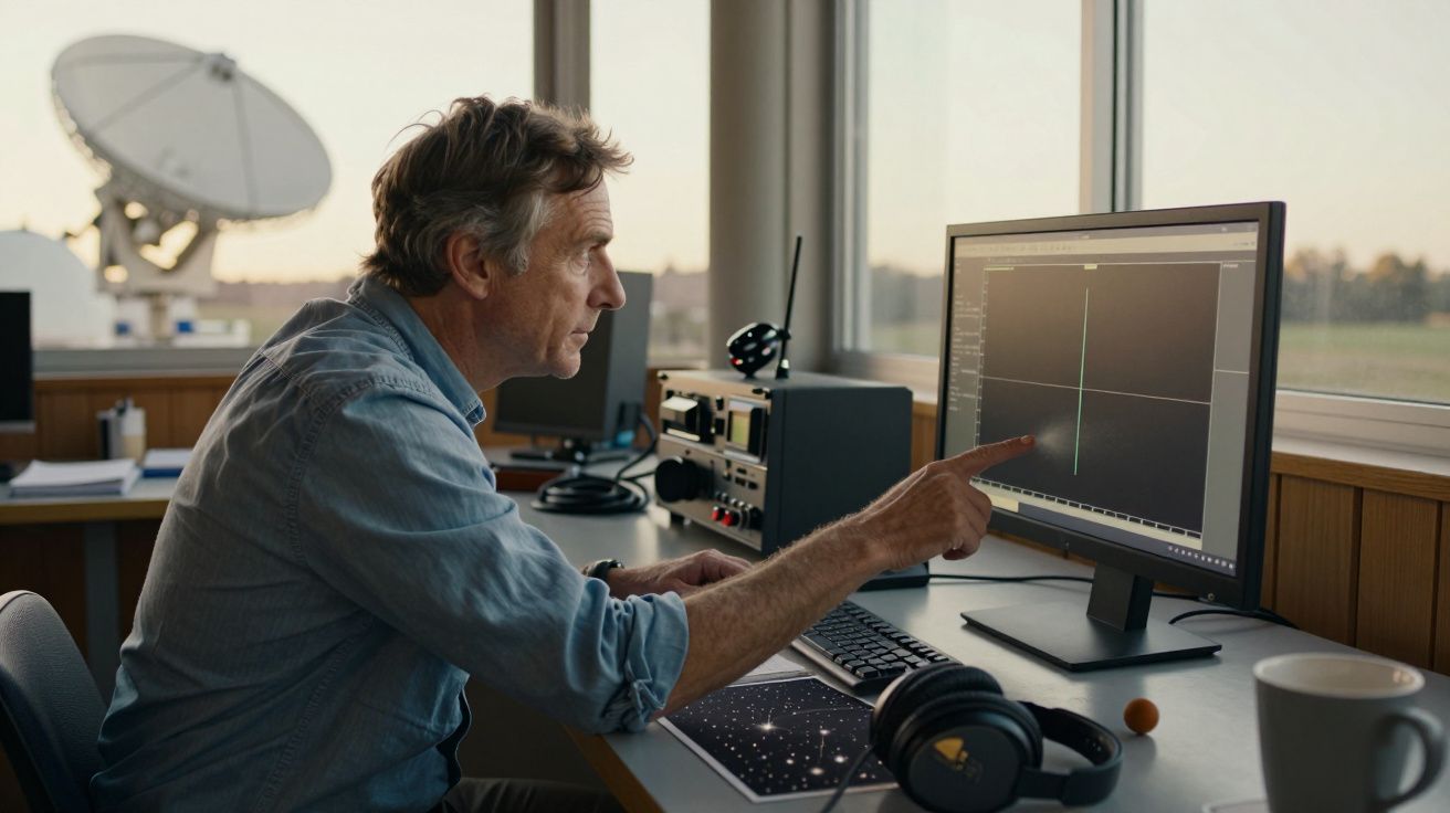 Homem a analisar dados num computador em observatório, com antena parabólica visível pela janela.