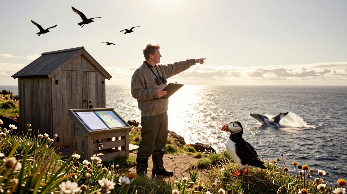 Homem observa pássaros com binóculos à beira-mar. Baléu no mar e papagaio-do-mar no primeiro plano.