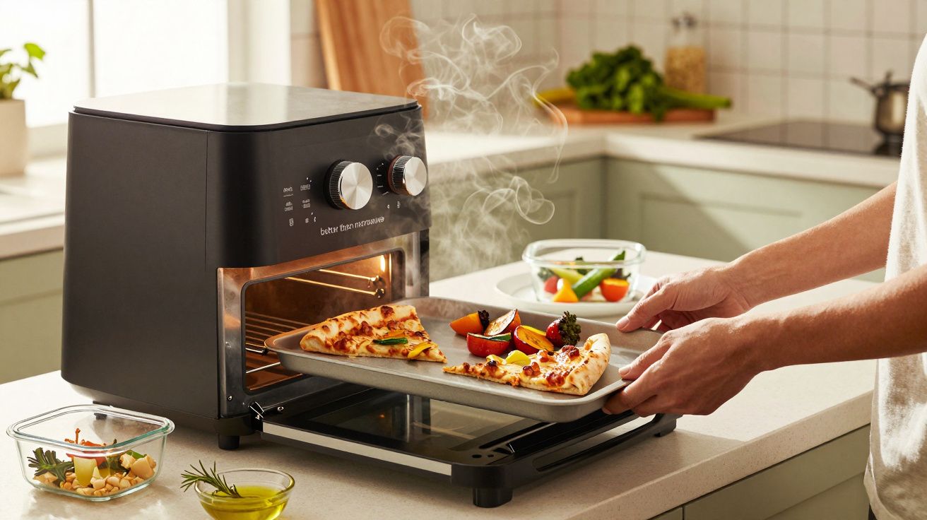 Pessoa a retirar pizza do forno numa cozinha moderna, com salada e azeite ao lado.