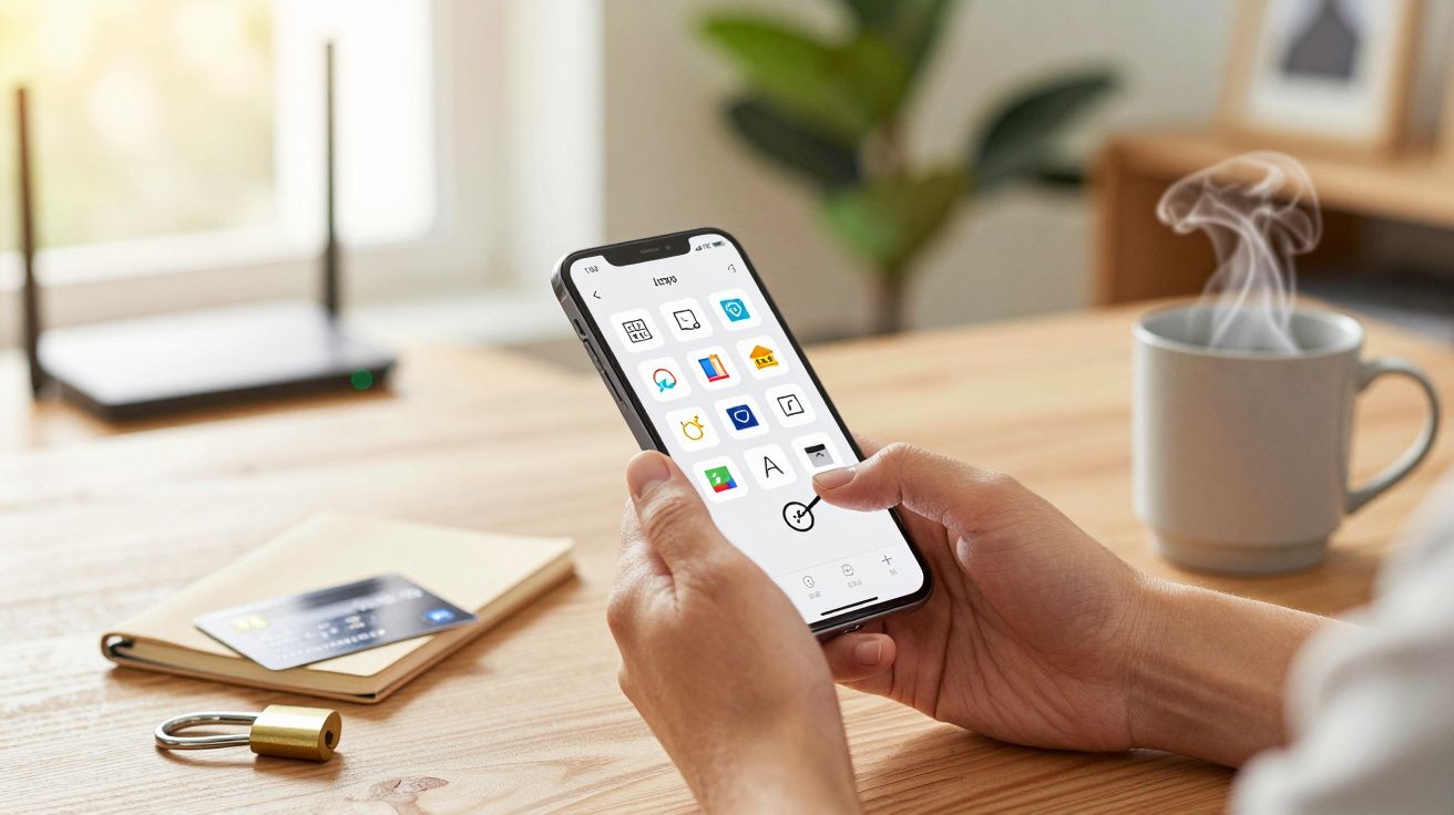 Pessoa a usar smartphone em cima de mesa, com bloco de notas, cartão, cadeado e chávena ao lado.