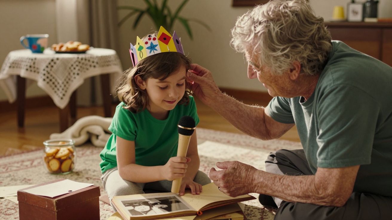 Menina com coroa brinca com microfone ao lado de idoso, ambos olhando um álbum em sala acolhedora.