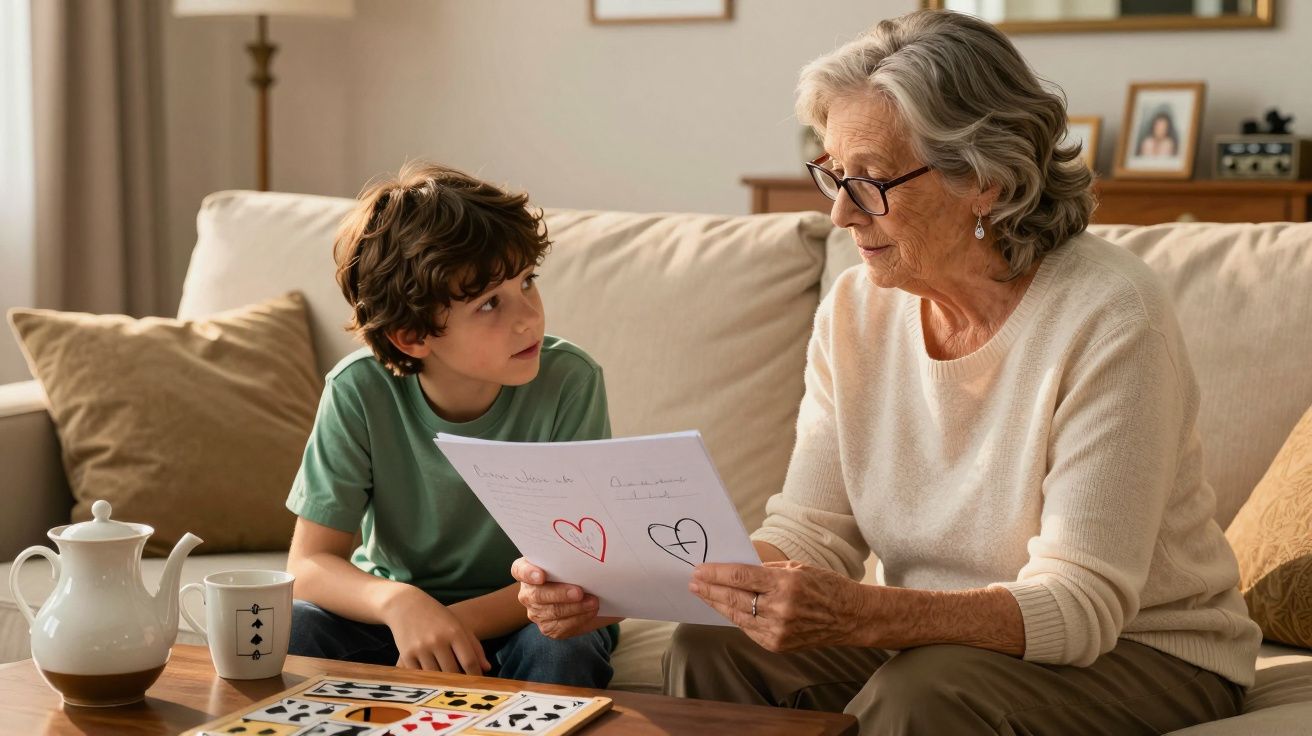 Senhora idosa e criança sentados no sofá com chá, a verem um desenho de corações em folhas de papel.