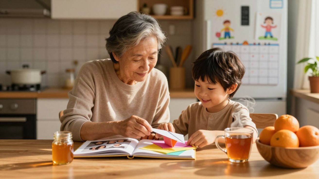 Avó e neto brincam com papel colorido numa cozinha. Mesas com chá e laranjas ao lado.