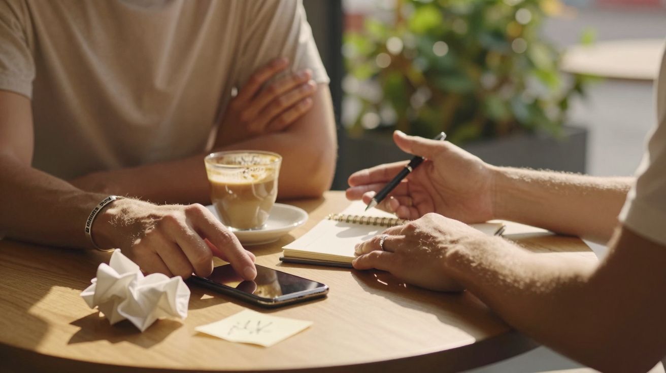 Duas pessoas em mesa de café, uma delas aponta para o telemóvel, enquanto a outra escreve num bloco de notas.