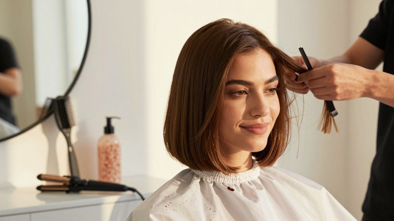 Mulher a sorrir enquanto cabeleireiro corta o seu cabelo, sentada em frente a um espelho num salão de beleza.