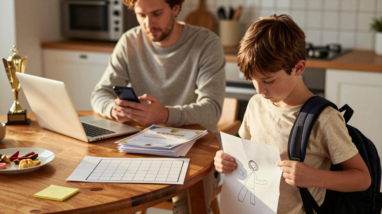 Pai trabalha no portátil enquanto filho mostra desenho na cozinha.