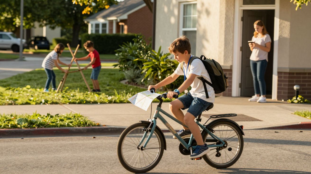 Menino de bicicleta na rua, enquanto duas crianças brincam na relva e uma rapariga usa o telemóvel em frente a uma casa.