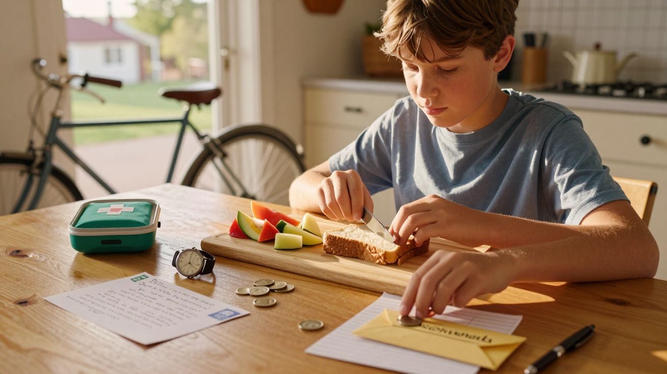 Rapaz a preparar sanduíche na cozinha, com bicicleta ao fundo, acompanhada de frutas, moedas e bloco de notas na mesa.