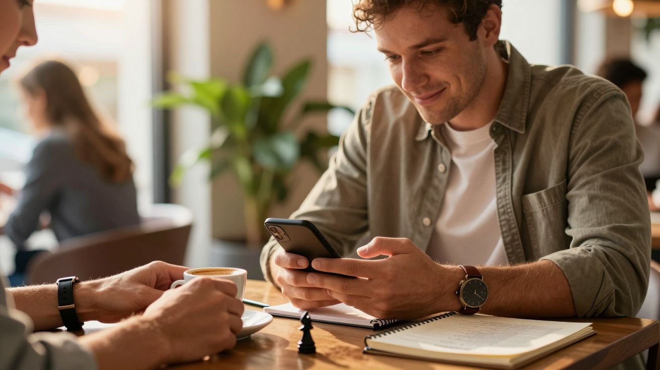 Homem sorrindo enquanto olha para o telemóvel, sentado num café com um caderno e uma chávena.
