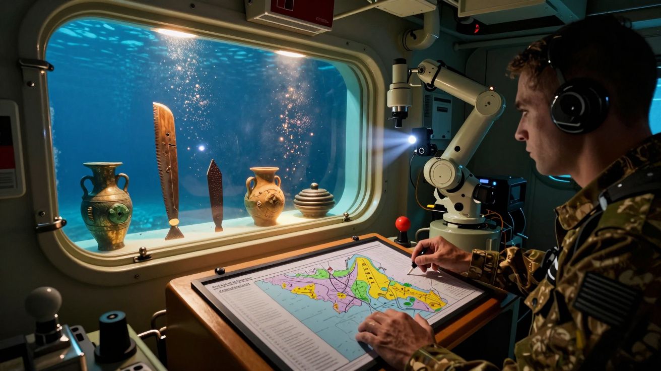 Homem com auscultadores analisa mapa digital num submarino, observando artefactos antigos através de uma janela subaquática.