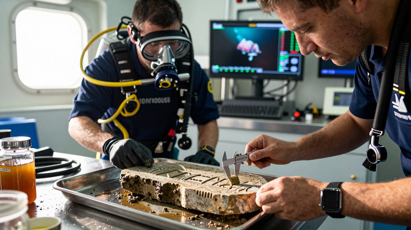 Dois mergulhadores analisam um artefato rochoso numa bandeja, dentro de um laboratório com equipamentos de medição.