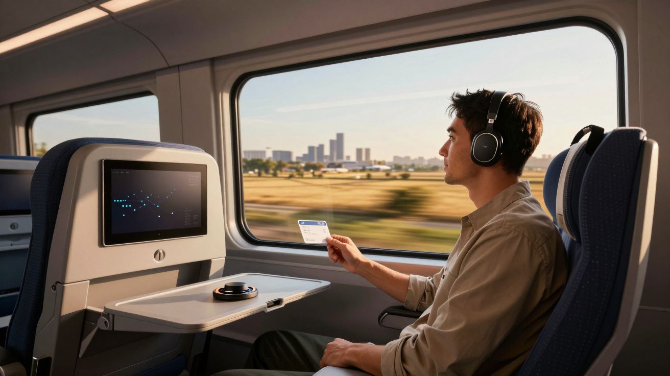 Homem sentado num comboio, ouvindo música com auscultadores e segurando bilhete, paisagem urbana pela janela.