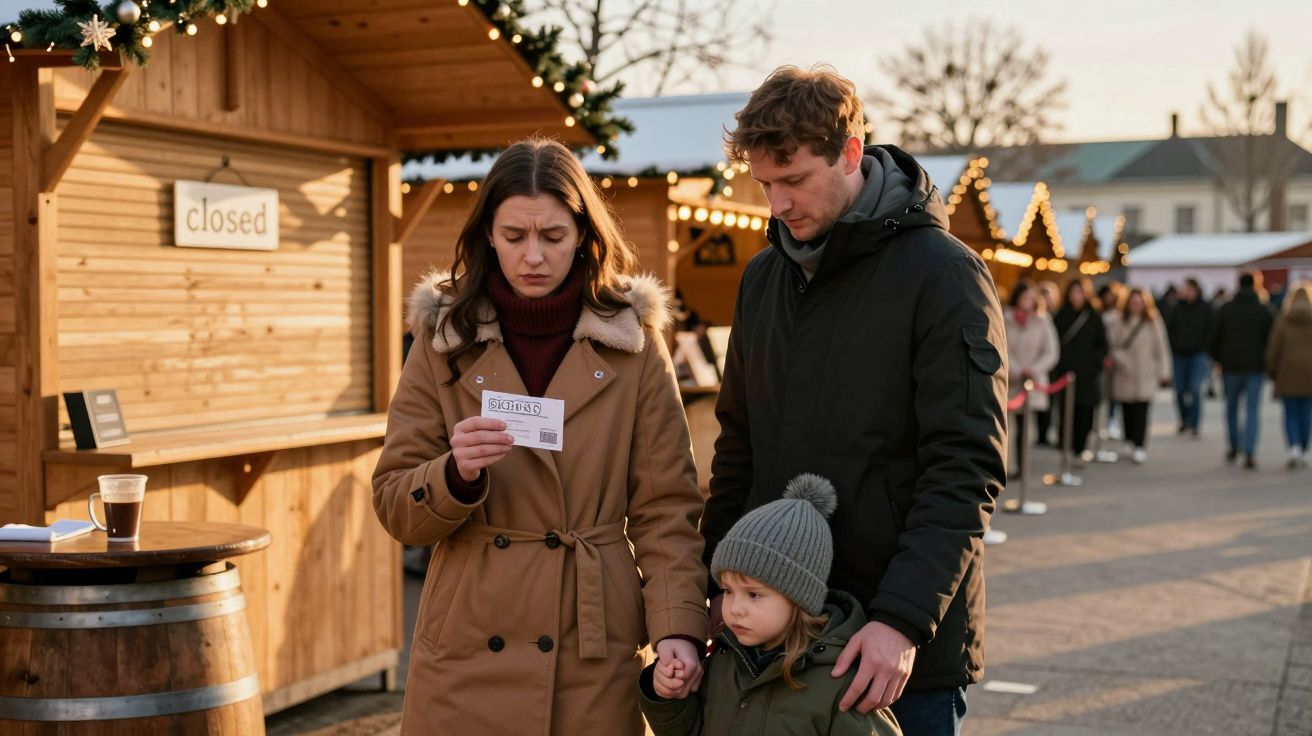 Família num mercado de Natal, com a mãe a olhar para um bilhete. Banca ao fundo exibindo sinal fechado.