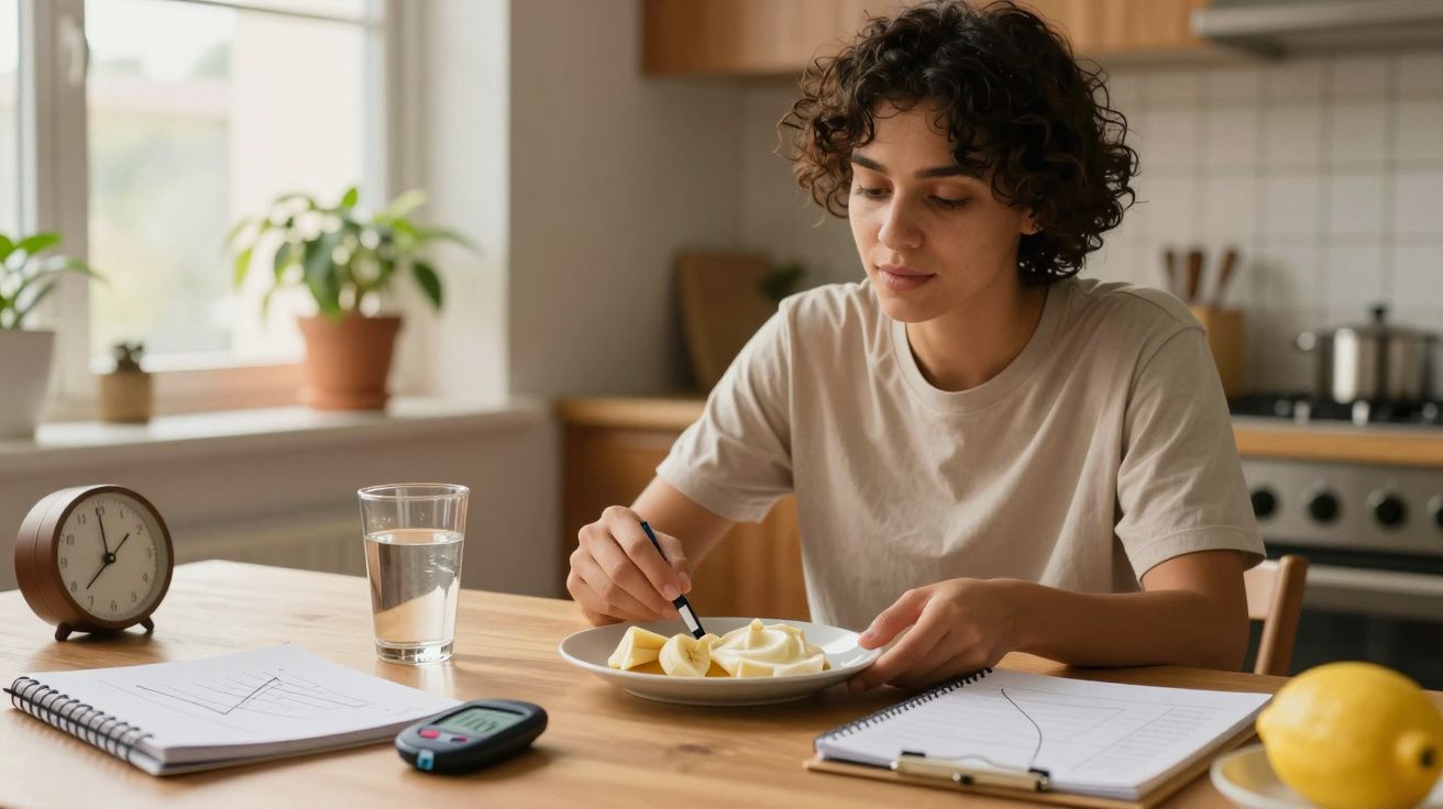 Pessoa corta maçã em mesa de cozinha com caderno, relógio, copo de água e medidor de glicose.