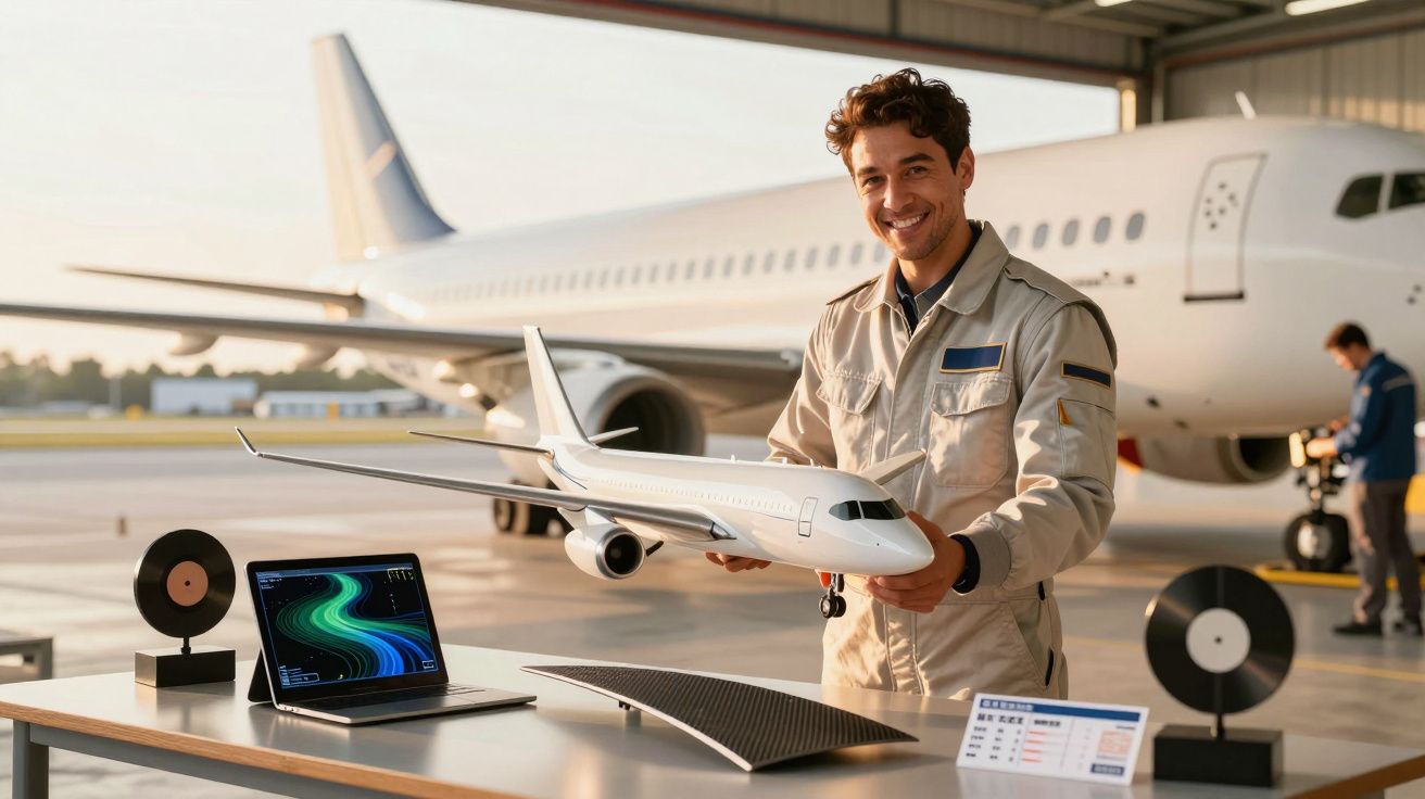 Homem sorridente em hangar segurando modelo de avião ao lado de um portátil e tabela informativa.