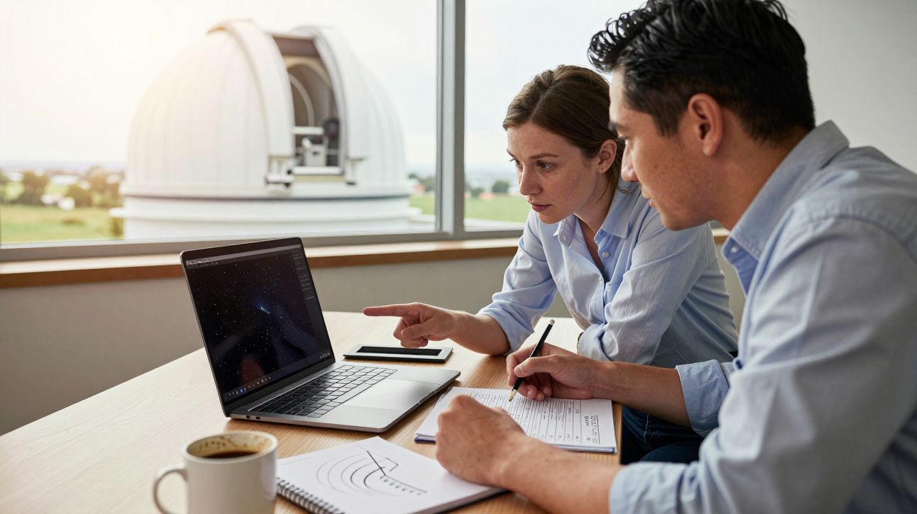 Duas pessoas analisam dados astronómicos num portátil, com um observatório ao fundo.