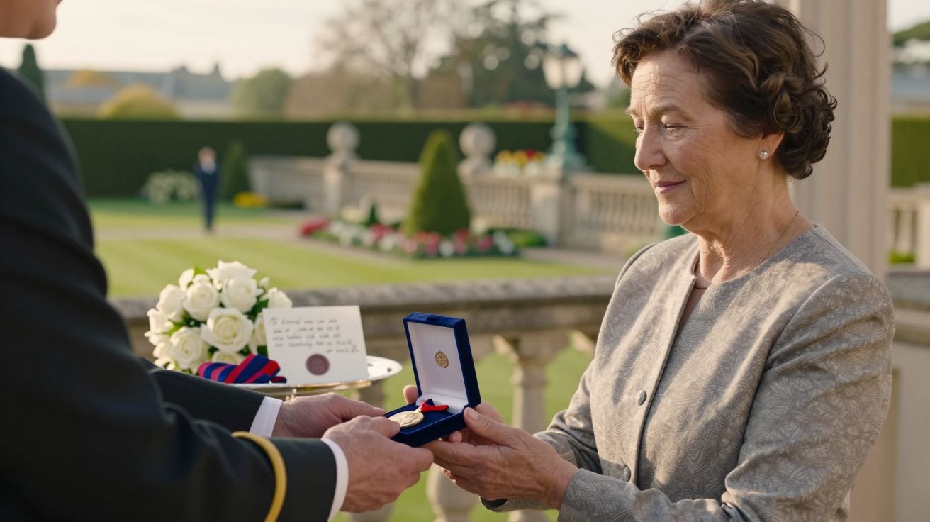 Mulher recebe medalha em cerimónia ao ar livre, com jardim ao fundo.