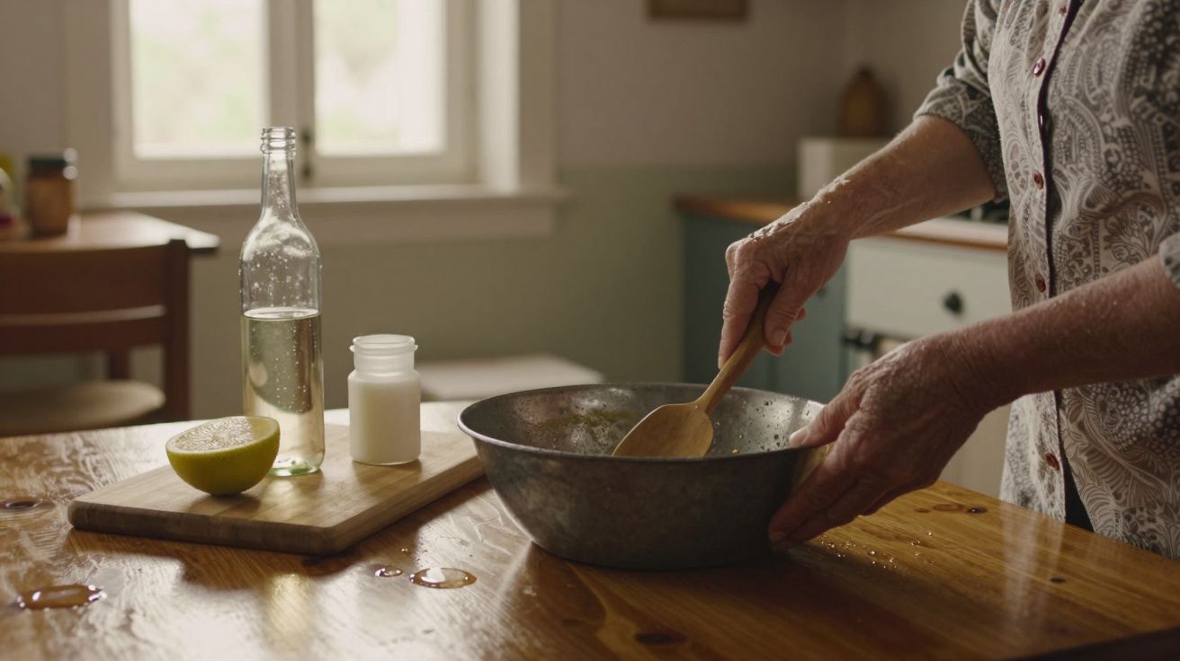 Pessoa mexendo ingredientes numa tigela de metal na cozinha, com limão e garrafa ao lado.