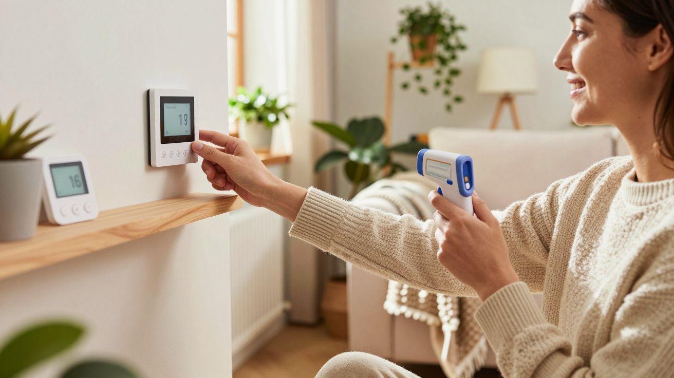 Mulher ajusta termostato na parede enquanto segura termómetro infravermelho, num ambiente doméstico com plantas.