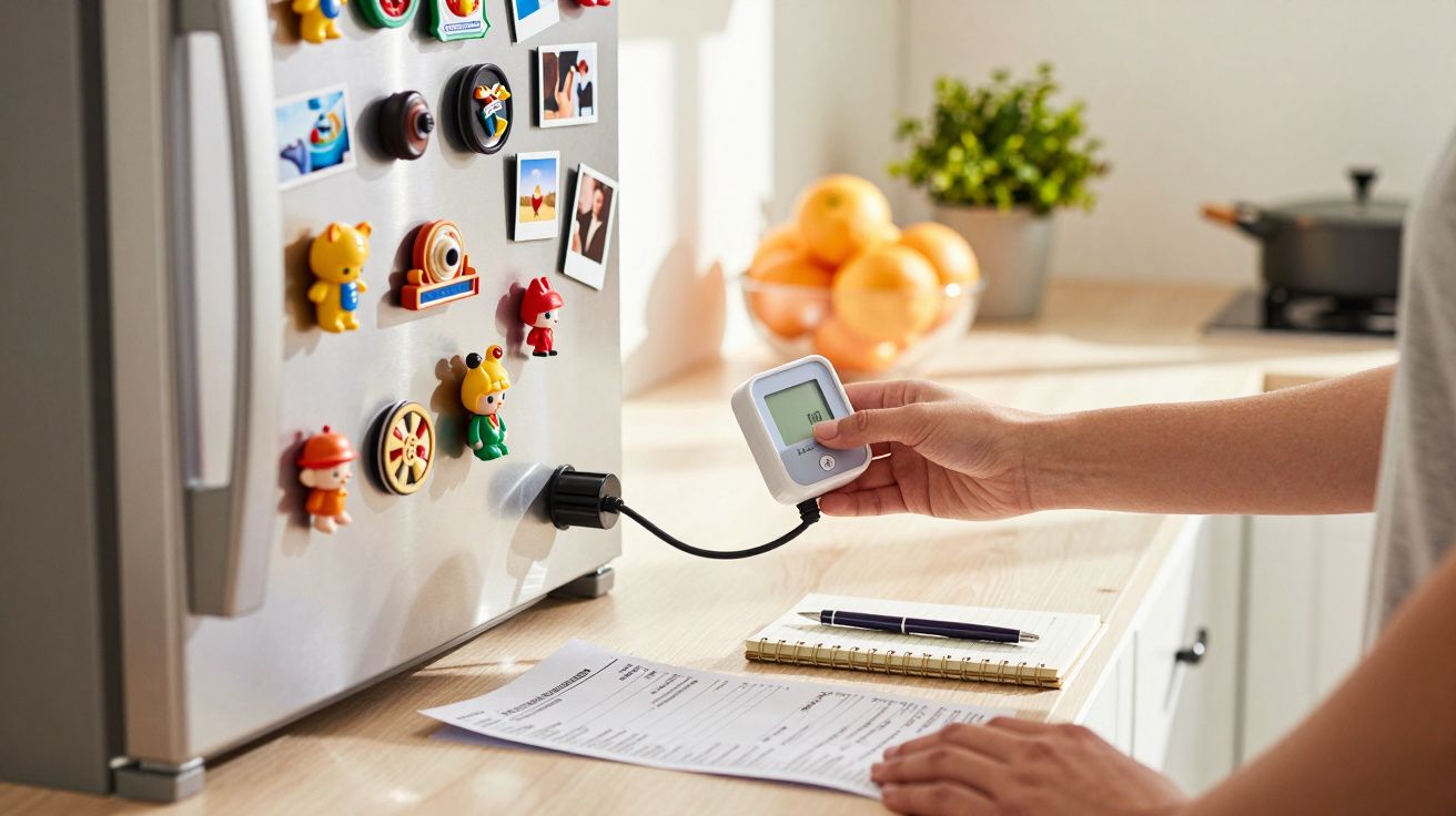 Pessoa mede energia de frigorífico com medidor, nota e caderneta sobre mesa; ímanes decorativos no frigorífico.