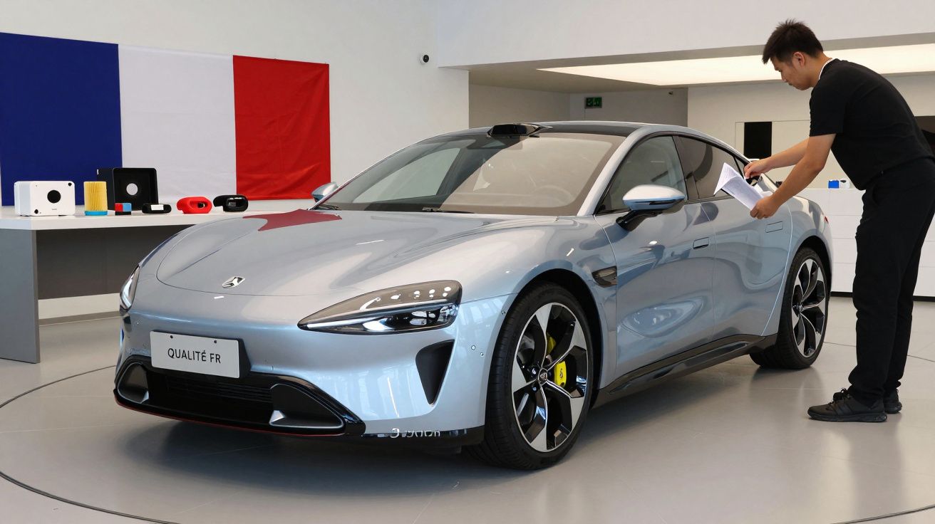 Homem examina carro desportivo prateado em showroom com bandeira francesa ao fundo.