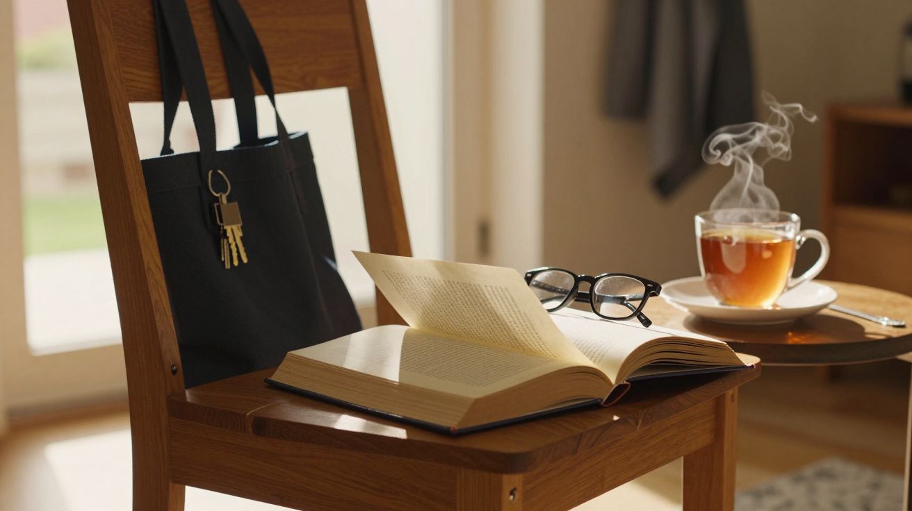 Cadeira com bolsa, livro aberto, óculos e chá fumegante sobre mesa. Ambiente acolhedor e iluminado.
